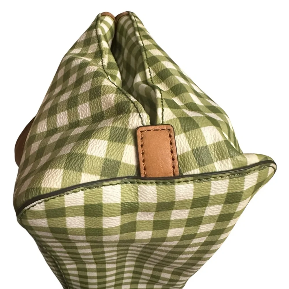 Tory Burch Kerrington Gingham Open Green Vinyl Tote w/ Leather Crossbody Strap